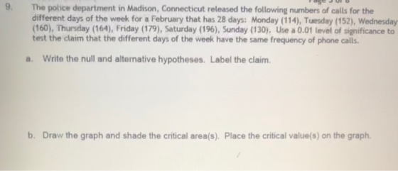 9. The police department in Madison, Connecticut released the following numbers of calls for the different days of the week f
