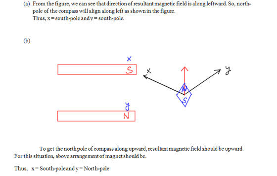 (a) From the figure, we can see that direction of resultant magnetic field is along leftward. So, north- pole of the compass will align along left as shown in the figure. Thus, x south-pole andy- south-pole. NI To get the northpole of compass along upward, resultant magnetic field should be upward. For this situation, above arrangement of magnet should be. Thus,xSouth-poleand y- North-pole