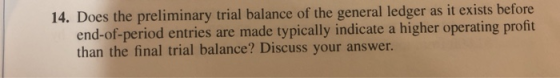 14. Does the preliminary trial balance of the general ledger as it exists before end-of-period entries are made typically ind
