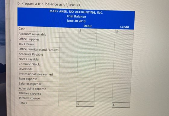 Credit b. Prepare a trial balance as of June 30. MARY AKER, TAX ACCOUNTING, INC. Trial Balance June 30,2013 Debit Cash Accoun