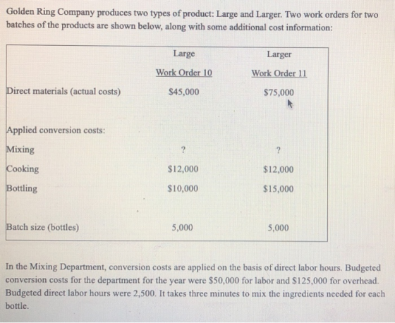 Golden Ring Company produces two types of product: Large and Larger. Two work orders for two batches of the products are show