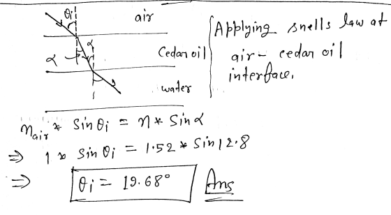 air e Cedar oil (Applying snells low at aira cedar oil interface, a 9 lapon Mair & Sin Oi - nk sina E 1. so sin oi = 1.52* Si