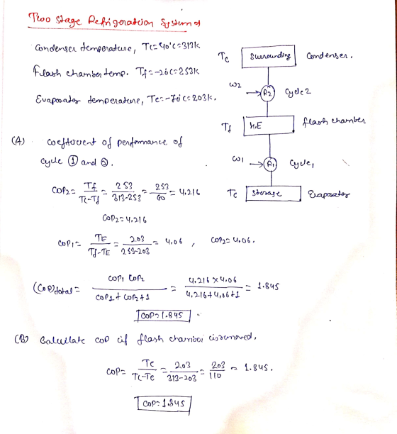 Too stage Refrigeration Systerna Condenser temperature, Ter40°C7313k - flash chamber temp. Tf=-26 (=253k To I surrounding cen