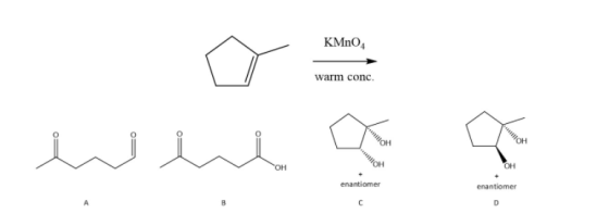KMnO4 warm conc. الت CH Cli enantiomer enantiomer B D