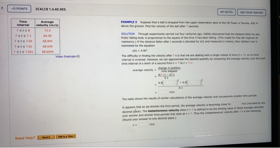 7. -S POINTS SCALC8 1.4.AE.003. MY NOTES ASK YOUR TEACHER Interval EXAMPLE 3 Suppose that a ball is dropped from the upper ob