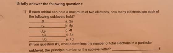 Briefly answer the following questions: 1) If each orbital can hold a maximum of two electrons, how many electrons can each o
