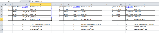 E6 fc =SUM(E2:E5) B co year Cash flows pv@9% Present value O -7700 1 =C2*D2 1 4000 =D2/1.09 =C3*D3 |4100 =D3/1.09 =C4*D4 5400