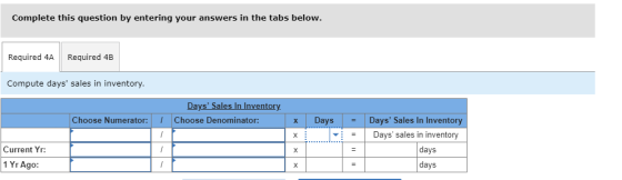 Complete this question by entering your answers in the tabs below. Required 4A Required 4B Compute days sales in inventory.