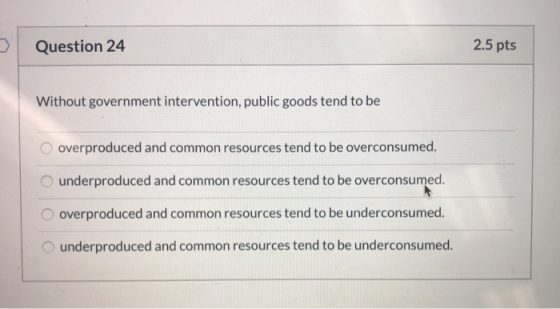 Question 24 2.5 pts Without government intervention, public goods tend to be overproduced and common resources tend to be ove