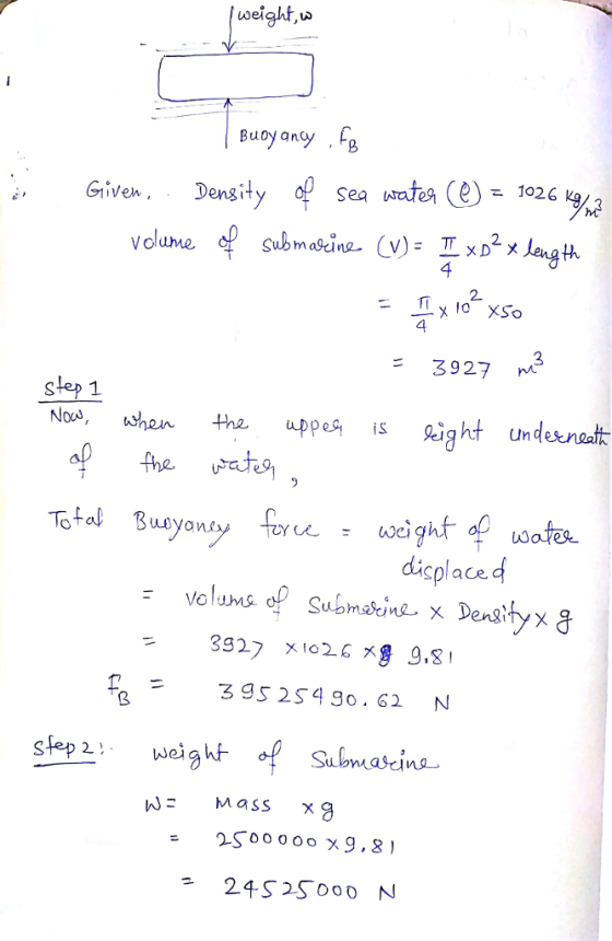 Given, Dengity op sea wataez 1026 4 2. 4 3927 M Novw, ushain h uppes is ight undeenalt the wo Tofal Busyons dicplace d r -525490.62 N Jeigh Mass ×g