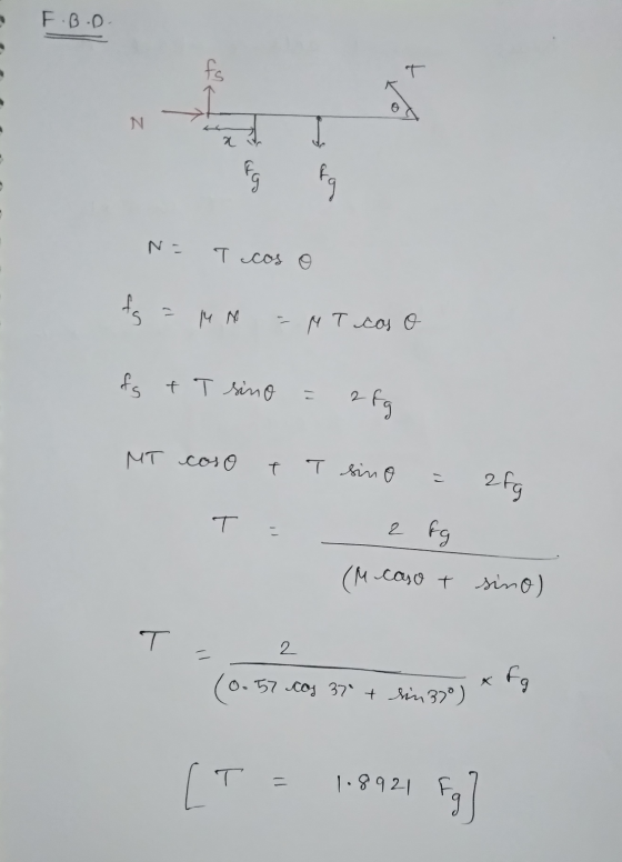 F.B.D t Nu A N= T cos o tg = MN - MT cas o fg + T sino = 28g MT coso + T sino = 28g T = 2 kg (M caso t sino) T 2 (0.57 cos 37