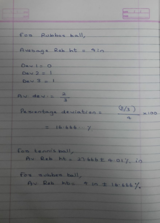 foo Rubber ball, Avesage Reb bt Dev 3 AV dev. 23 Percentage deviation = x 100 16.666 7. foo tennis ball, AV Reb ht 27.666t 4: