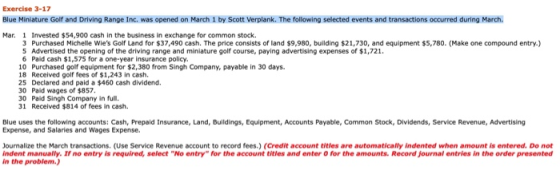Exercise 3-17 Blue Miniature Golf and Driving Range Inc. was opened on March 1 by Scott Verplank. The following selected even