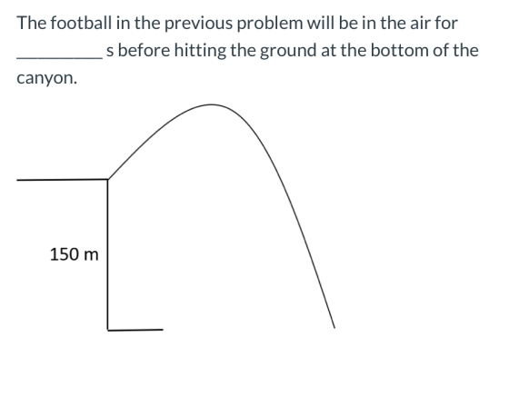 The football in the previous problem will be in the air for s before hitting the ground at the bottom of the canyon. 150 m