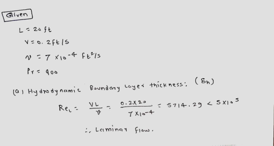 Given L=20 ft v=o. 2ft is v=7x10-4 ft²ls pregoo thickness: (en) (al Hydrodynamic Boundary layer VL Re, 0.2X23 7X10-4 -5714.29