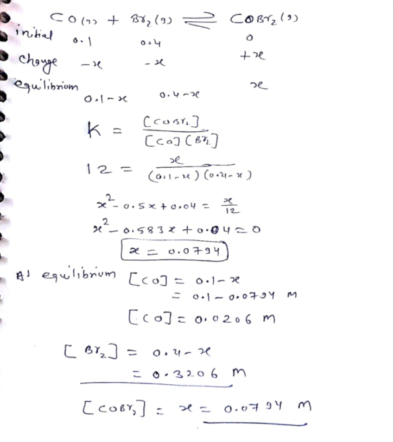 .. colm + B8 (9) 2 COBI (9) initial oil 0 oru toe Change - x equilibrium 0.4 de 0 - x k = (conte] e 1 [co] (B& = Coolase) (on