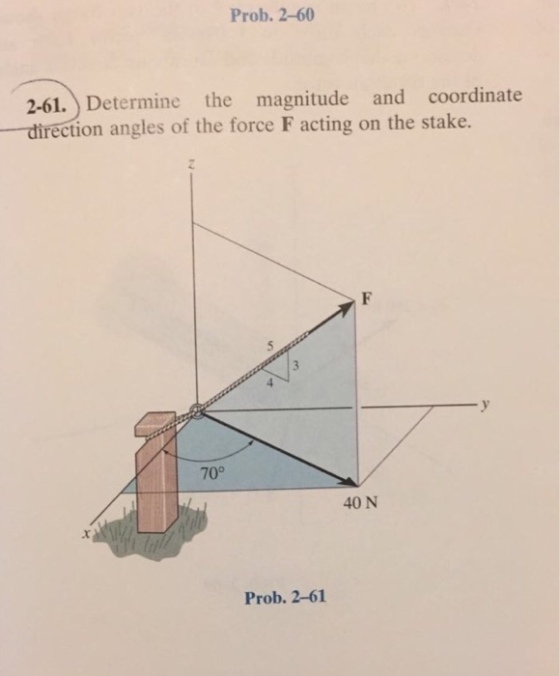 Prob. 2-60 2-61. Determine the magnitude and coordinate irection angles of the force F acting on the stake. 70° 40 N Prob. 2-61