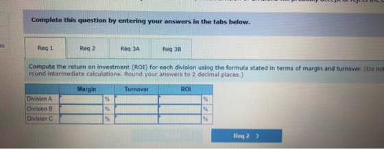 Complete this question by entering your answers in the tabs below. Reg 1 Reg 2 Req 3A Reg 3B Compute the return on investment