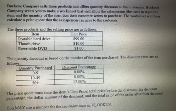 Buckeye Company sells three products and offers quantity discounts to the customers. Buckeye Company wants you to make a work