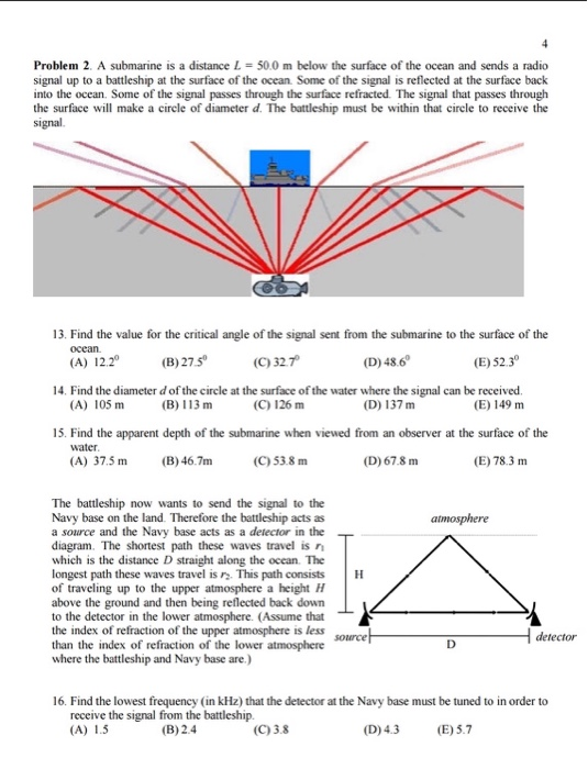 Problem 2 A submarine is a distance L = 500 m below the surface of the ocean and sends a radio signal up to a battleship at t