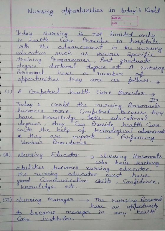 Nursing opportunities in todays World PAGE NO.: DATE: 1 Today Nursing is not limited only in health Care Provider in hospita