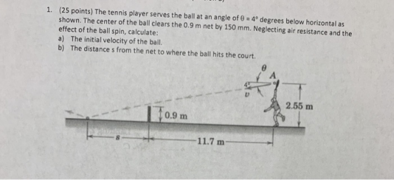 1. (25 points) The tennis player serves the ball at an angle of 0 = 4° degrees below horizontal as shown. The center of the b