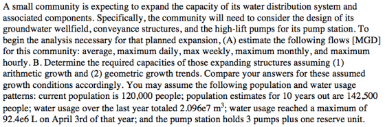 A small community is expecting to expand the capacity of its water distribution system and associated components. Specificall