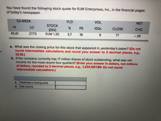 You have found the following stock quote for RJW Enterprises, Inc., in the financial pages of todays newspaper. 52-WEEK . YL