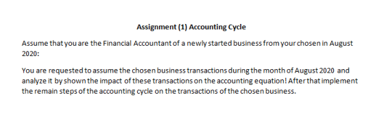 Assignment (1) Accounting Cycle Assume that you are the Financial Accountant of a newly started business from your chosen in
