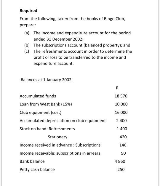 Required From the following, taken from the books of Bingo Club, prepare: (a) The income and expenditure account for the peri