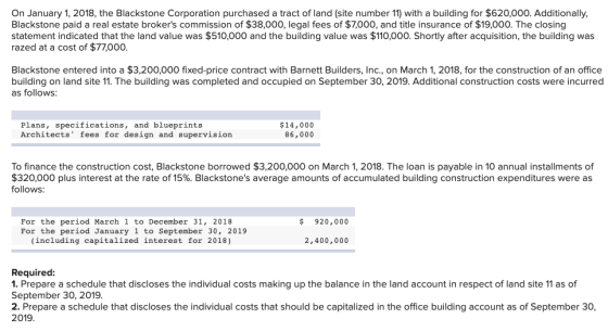 On January 1, 2018, the Blackstone Corporation purchased a tract of land (site number 11) with a building for $620,000. Addit