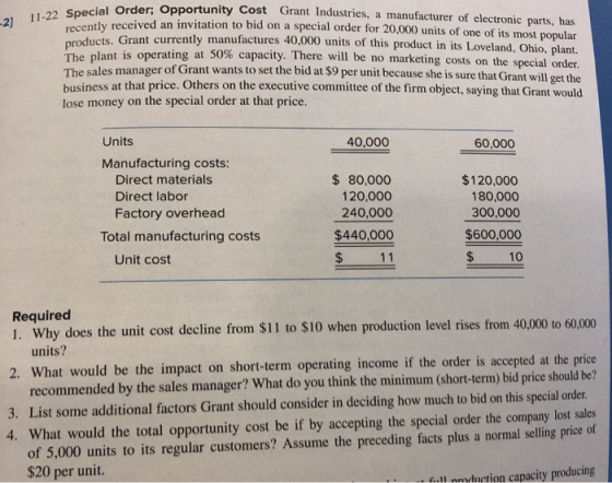 -2] 11-22 Special Order: O Order: Opportunity Cost Grant Industries, a manufacturer of electronic parts, has e received an in