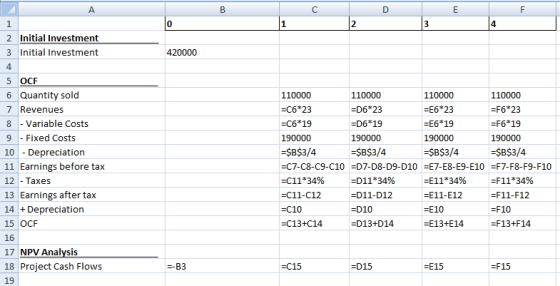 A. C Е F 1 0 2 4 2 Initial Investment 3 Initial Investment 420000 4 5 ОСCF 6 Quantity sold 110000 110000 110000 110000 -Сб*23