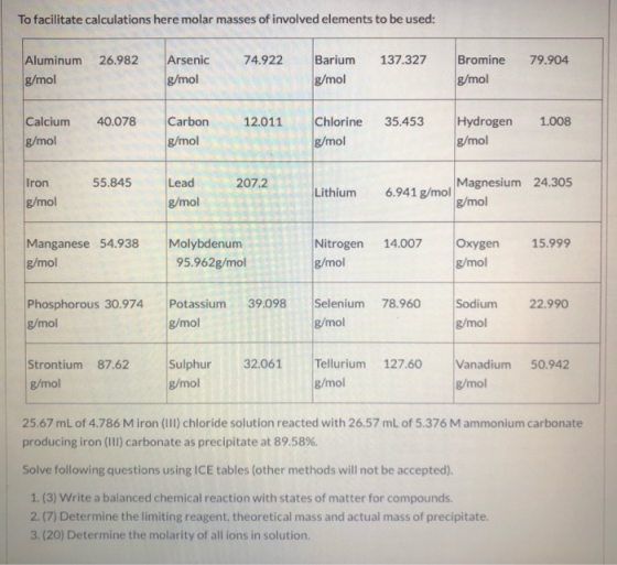 To facilitate calculations here molar masses of involved elements to be used: 26.982 74.922 137.327 79.904 Aluminum g/mol Ars