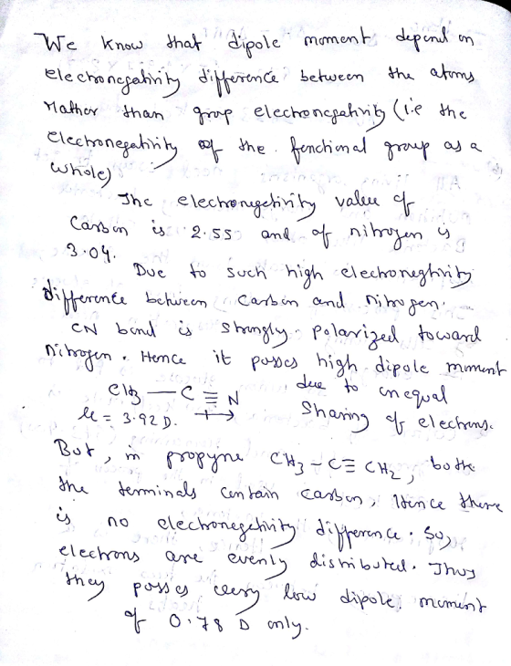 We knou hok ole mmenb dn Mathor thanp Due o Such high eleckenaghib Homa t po)e high dipole mimnt da ton ~ C-CH ,boみで ànu minl Cam on Us no olecho lw dipoe mumun