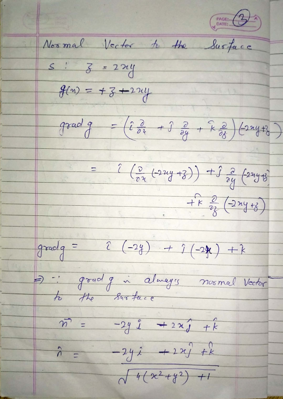 PAGE: DATE: Normal Vector to the Surface z = 224 g(n) = + 3+2ny grad g = (10 + § 2 + ka of anytz ag ? (o any +z)) + s (2nyang