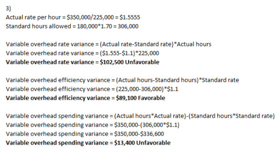 Actual rate per hour = $350,000/225,000 = $1.5555 Standard hours allowed = 180,000*1.70 = 306,000 Variable overhead rate vari