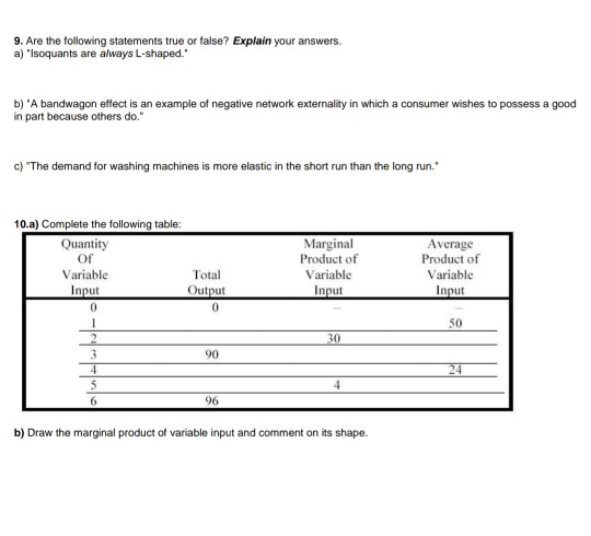 9. Are the following statements true or false? Explain your answers. a) Isoquants are always L-shaped. b) A bandwagon effe