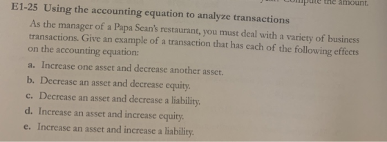 E1-25 Using the accounting equation to analyze transactions As the manager of a Papa Seans restaurant, you must deal with a