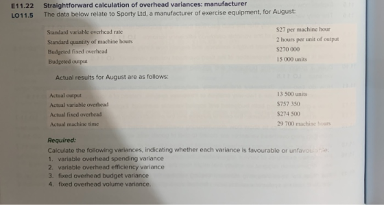 E11.22 LO11.5 Straightforward calculation of overhead variances: manufacturer The data below relate to Sporty Ltd, a manufact