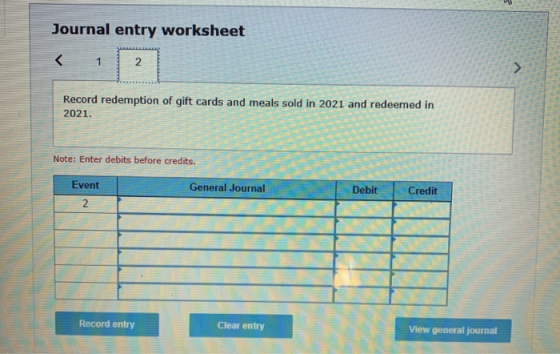 Journal entry worksheet Record redemption of gift cards and meals sold in 2021 and redeemed in 2021. Note: Enter debits befor