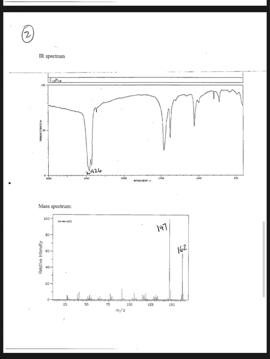 IR spectrum C H azle 00 00 Mass spectrum: 2 147 80 62 20- 25 30 75 100 125 150 m/z Relative Intensity