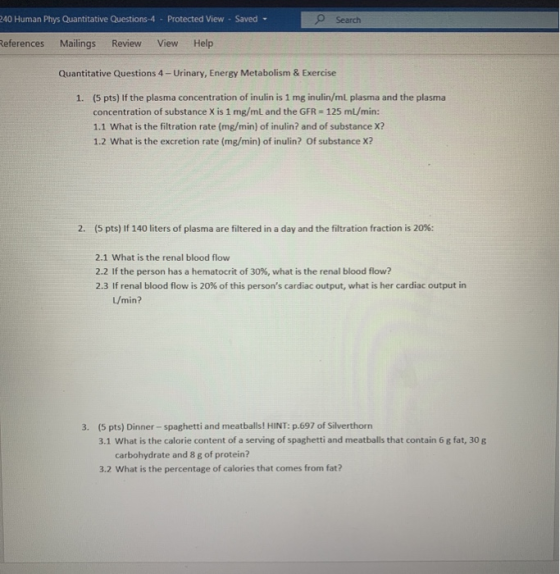 240 Human Phys Quantitative Questions-4 - Protected View - Saved - Search References Mailings Review View Help Quantitative Q