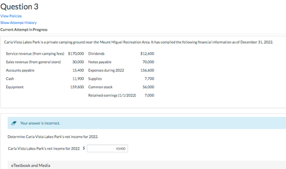 Question 3 View Policies Show Attempt History Current Attempt in Progress Carla Vista Lakes Park is a private camping ground