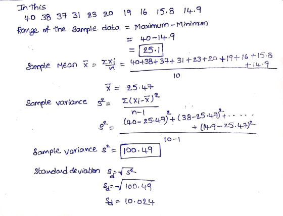 In this 1 16 15.8 14.9 40 38 37 31 23 20 Range of the 8ample data = Maximum-Minimn 40-1.9 25.1 40+38+ 37+ 31 23+20 +1916 15.8