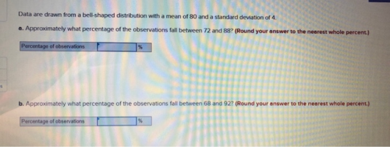 Data are drawn from a bell-shaped distribution with a mean of 80 and a standard deviation of 4 a. Approximately what percenta