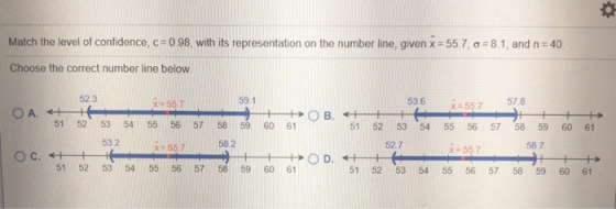 Match the level of confidence, c= 0 98, with its representation on the number line, given 55 7, σ-8 1, and n-40 Choose the correct number line belovw 52.3 X55 7 557 57.8 51 52 53 54 55 56 57 58 59 60 61 55.7 51 52 53 54 55 56 57 58 59 60 61 51 52 53 54 55 56 57 58 59 60 61 53.2 582 52.7 58 7 x 557 51 52 53 54 55 56 57 58 59 60 61