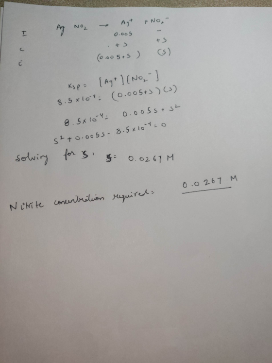 I Ag No 0.005 es Huw - Agt & No, tots (0.005+5) (5) Kyp= [Ag+ | [No, -] 8.5x104. (0.005+3)(3) 8.5x10 0.005s + 2 S2+0.0055-8.