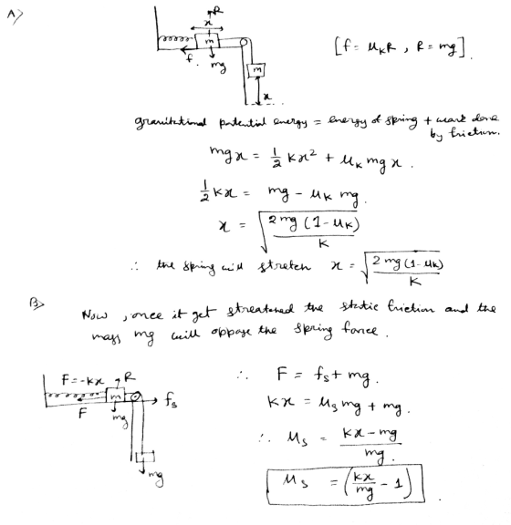 [f= MxR , R = mg] granitational potential energy = energy of spring & wark done by frietion. та - кә* + та . 1 like = mg - uk