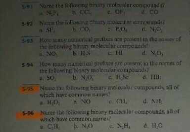 5-01 Name the following binaty molocalur compounds! NF, h Coc. OF CO 5-92 Nanoe the following tinaty inoltant communds! SE CO